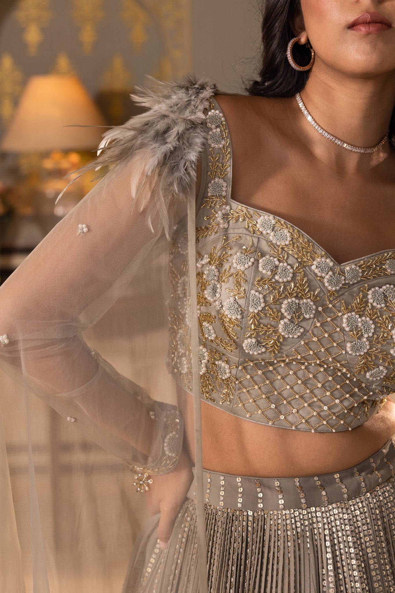 Grey Georgette Sequins Embroidered Blouse Lehenga Set image 8