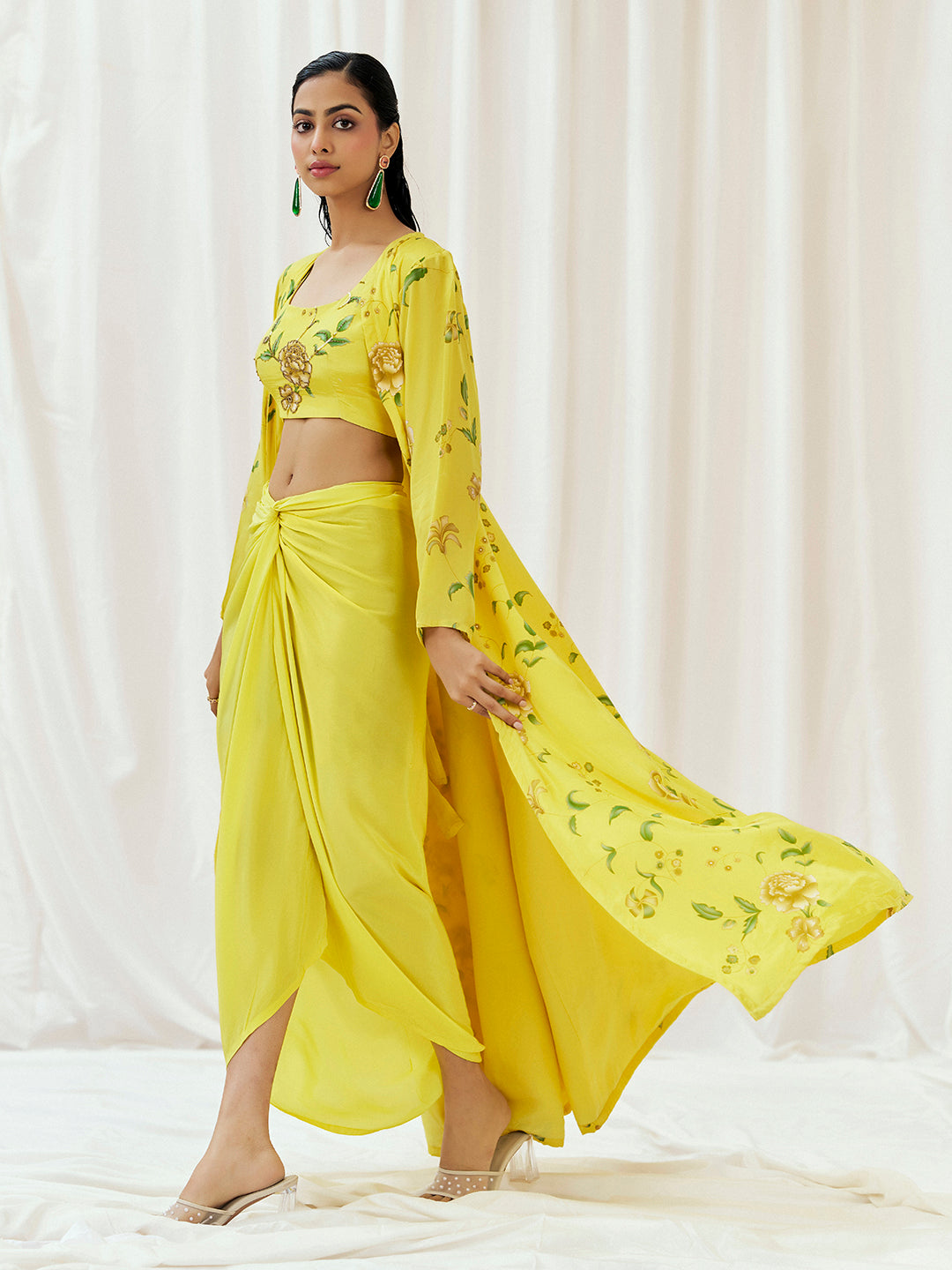 Bright Yellow Printed Embroidered Drape Skirt Set with Jacket - XL image