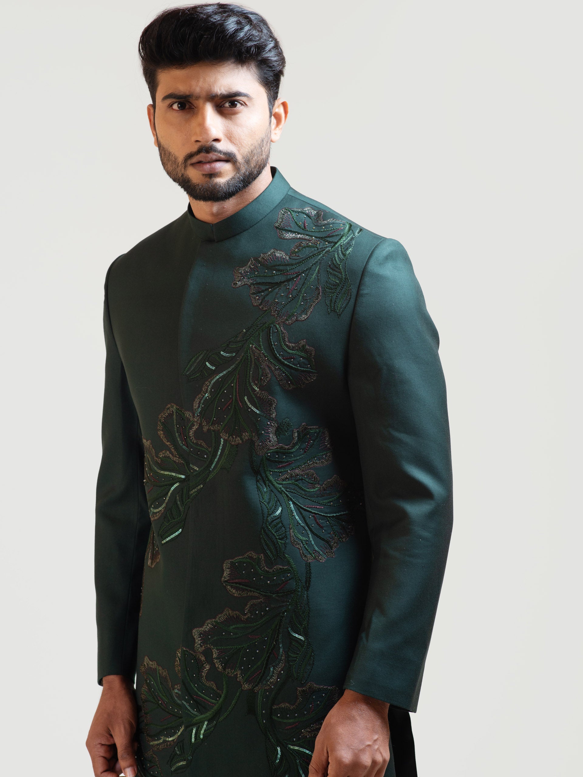 Green Asymmetric Achkan Coat Set image 2