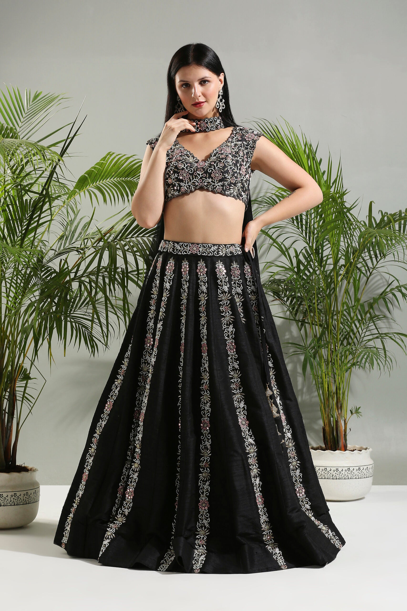 Black Thread and Mirror Hand Embroidered Lehenga Set image 5