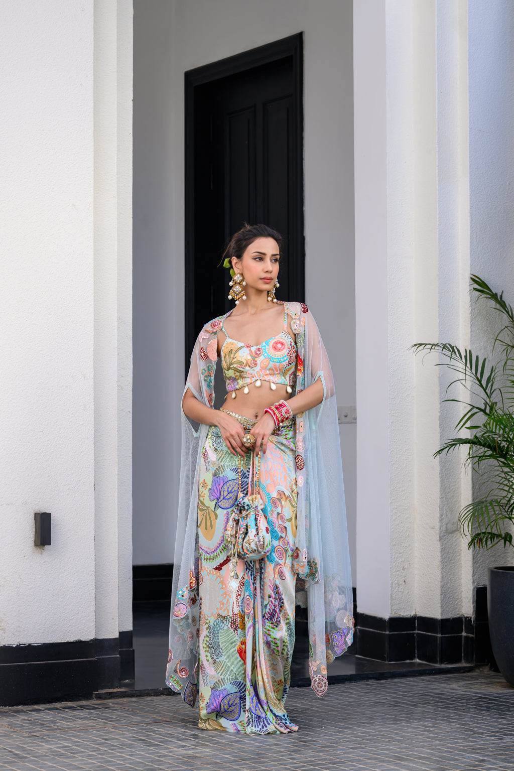 Gardenia Dhoti Skirt Set Paidawn With Highlighted Bralette With Highlighted Applique Cape image 6