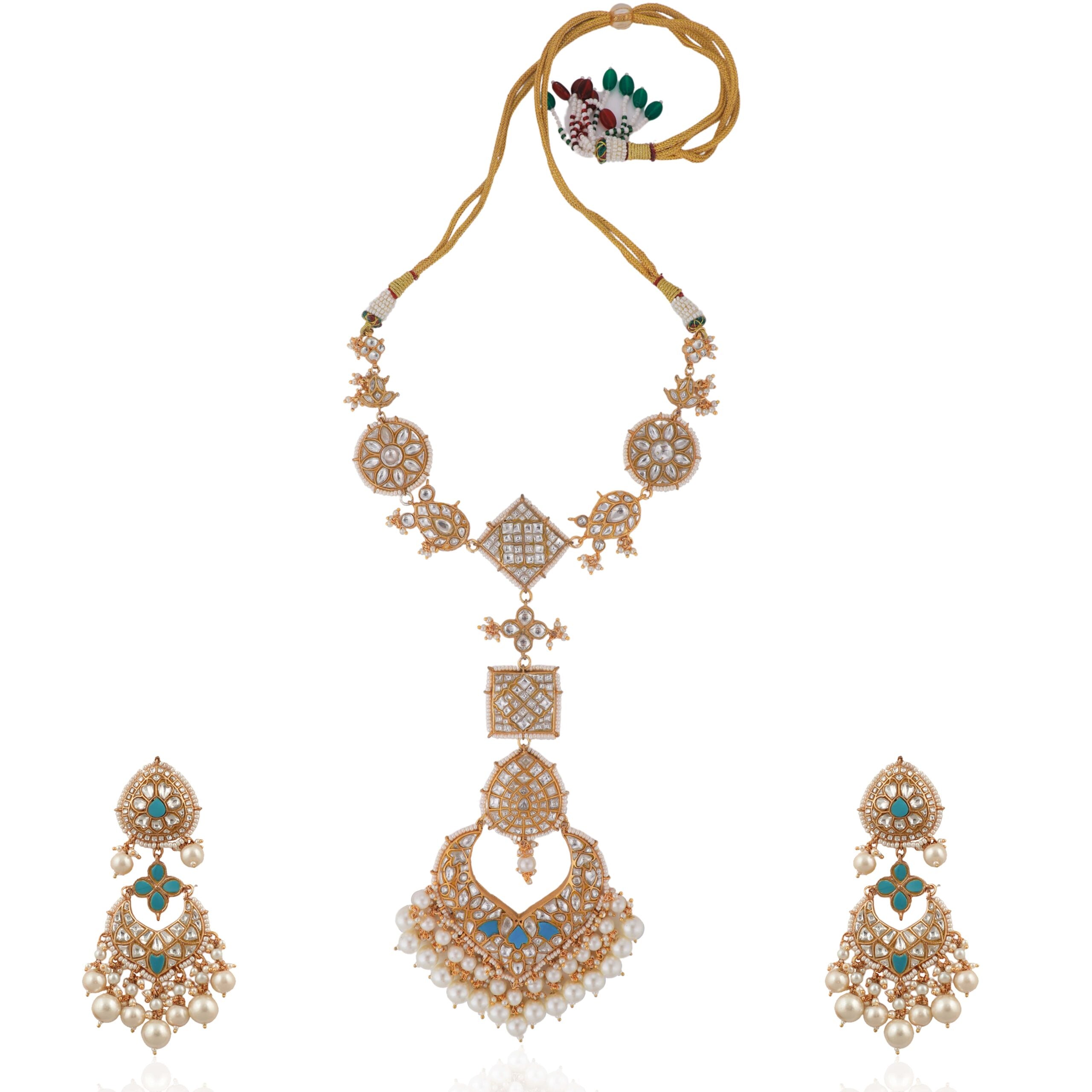Sky Blue & White Gold-Plated Jadtar Long Necklace Set image 0