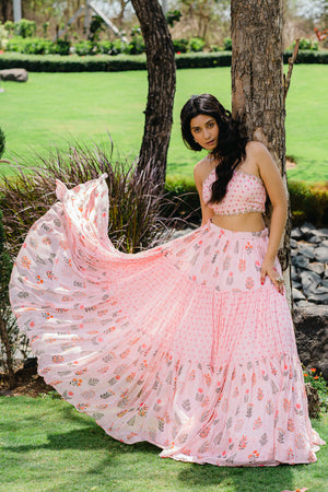 Blush Pink Floral Embroidered Crop-Top and Flared Skirt Set image 6