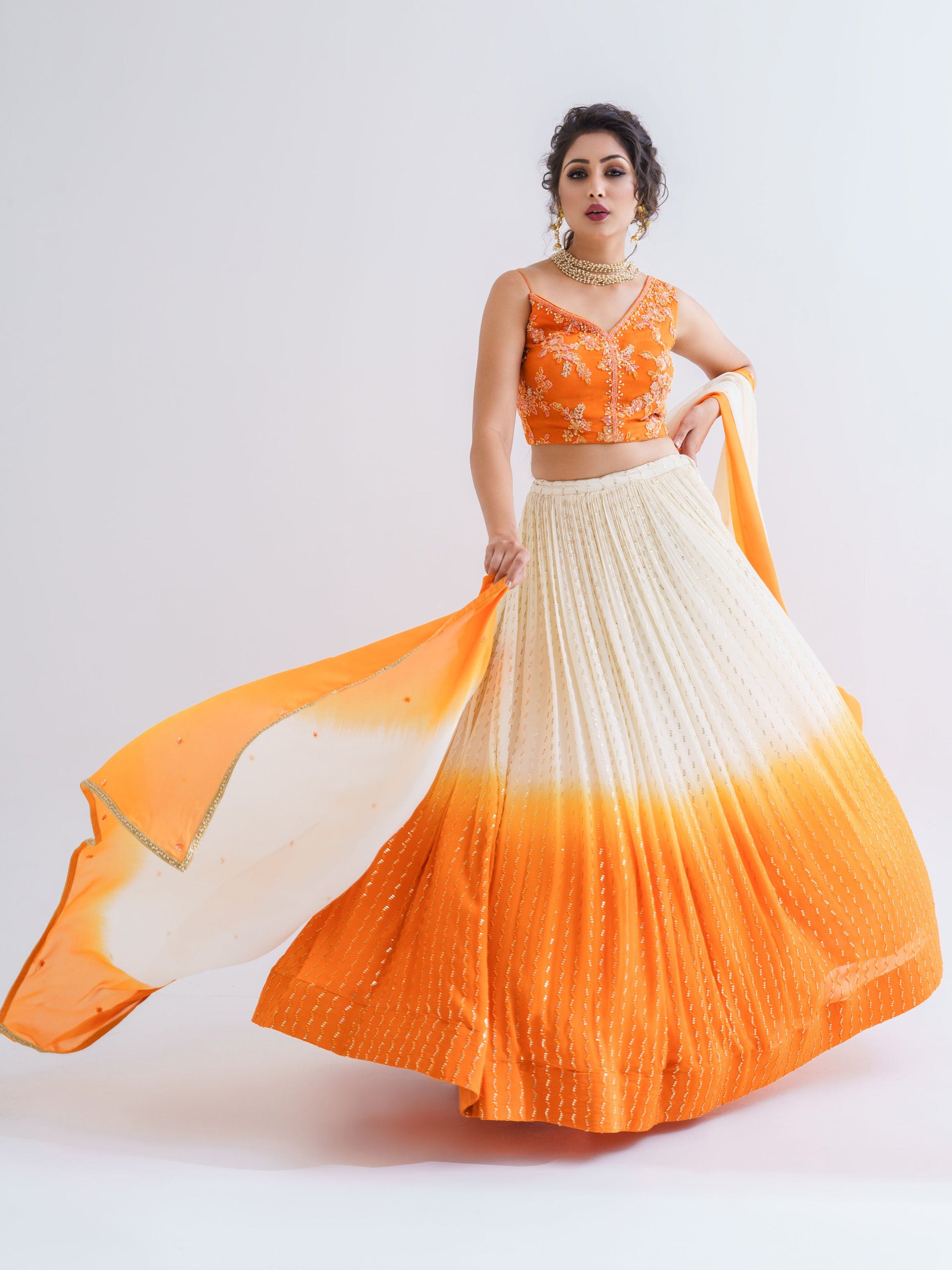 Off-White Orange Ombre Lehenga Set image 2