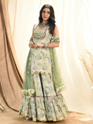 Sage Green Foil Print Sharara Set image 4