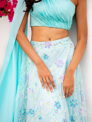 Blue Floral Multi Sequins Lehenga With Light Blue Drape Blouse image 2