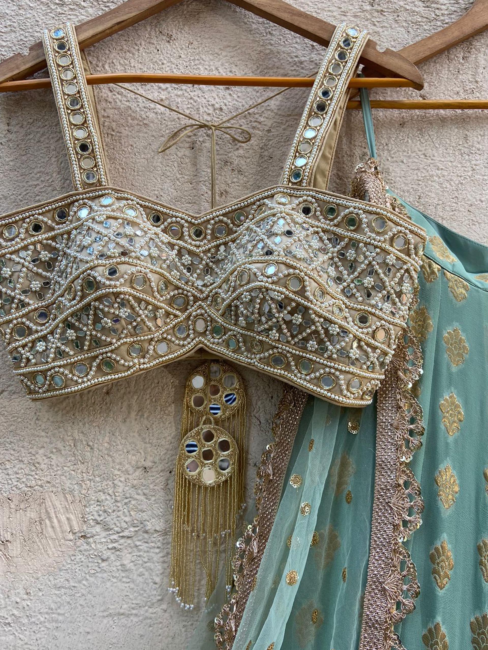 Ocean Green Lehenga Set with Mirror Bustier image 1