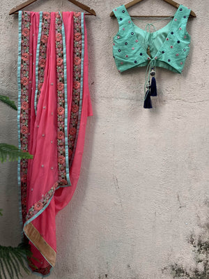 Pink and Mint Floral Saree Set image 4