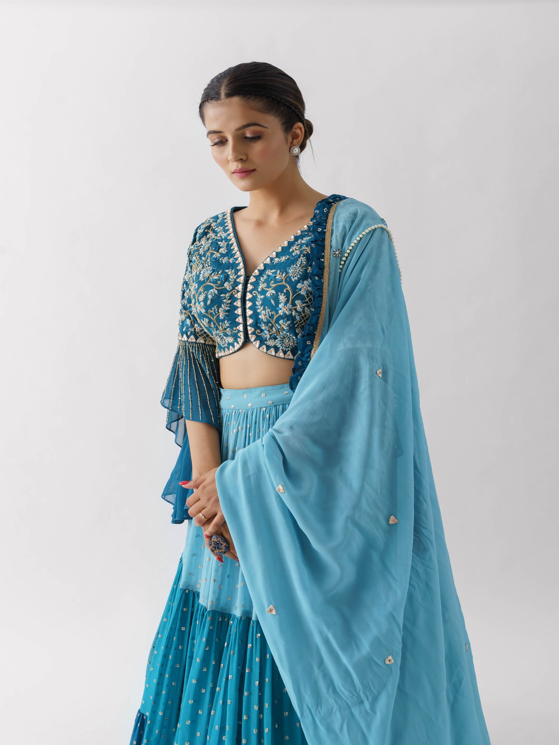 Blue Three Layered Lehenga Paired With Blouse And Dupatta image 2