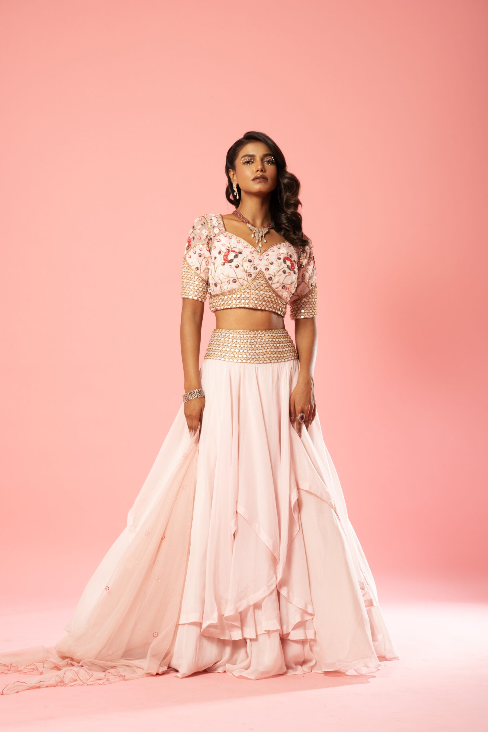 Baby Pink Layered  Lehenga Set - XS image
