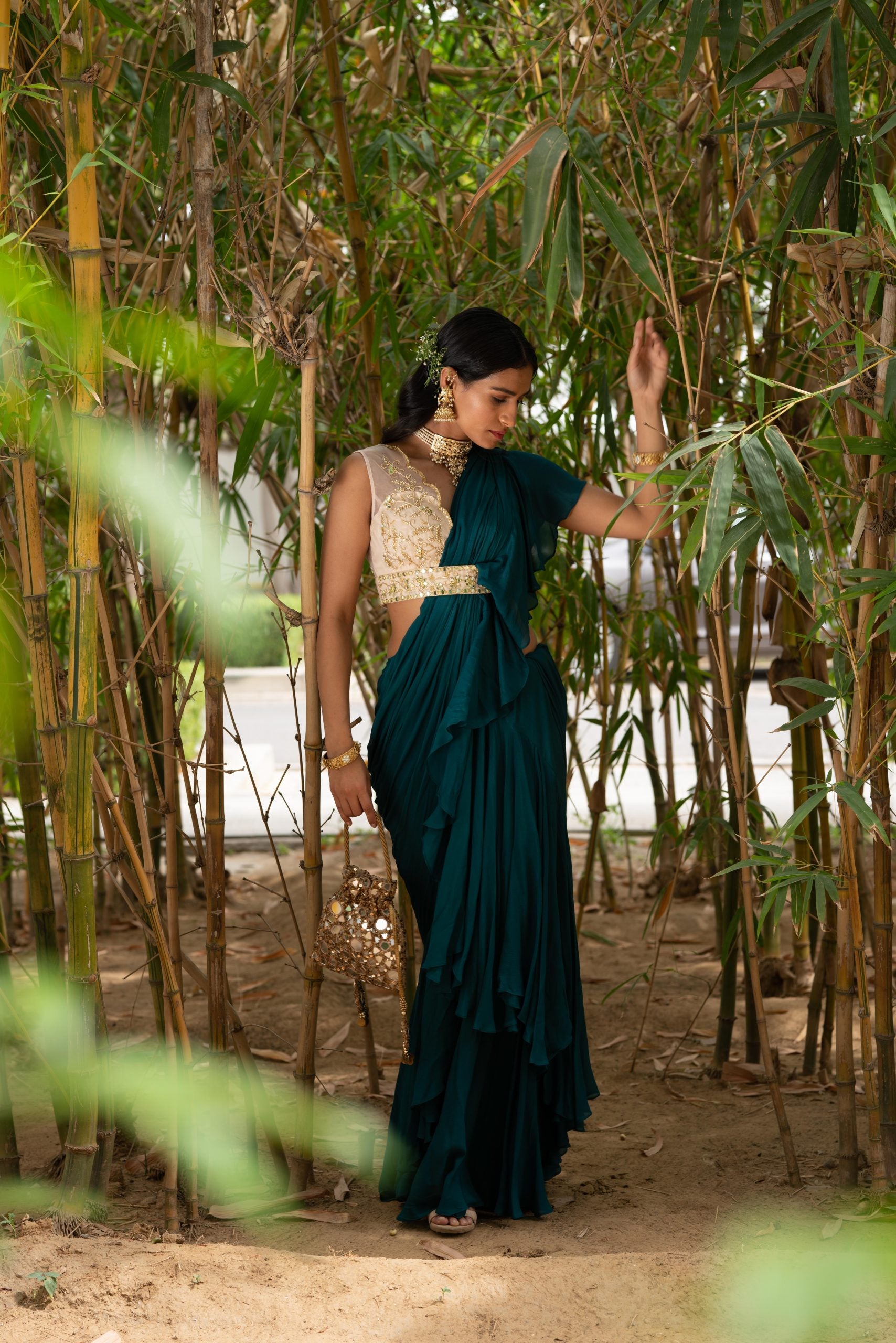 Teal Green Zuri Ruffle Saree image 5