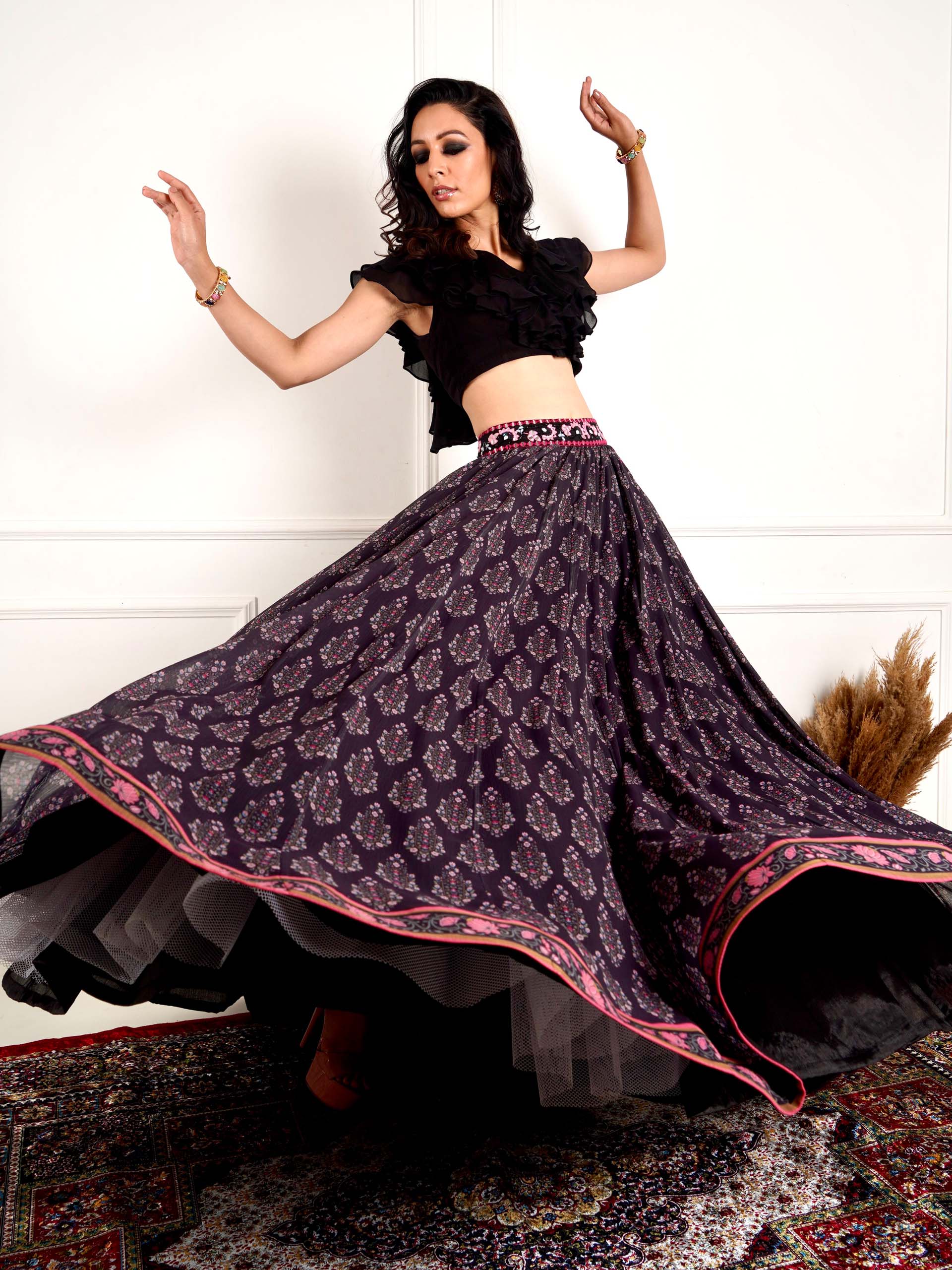 Black Imaara Printed Lehenga Set image 1
