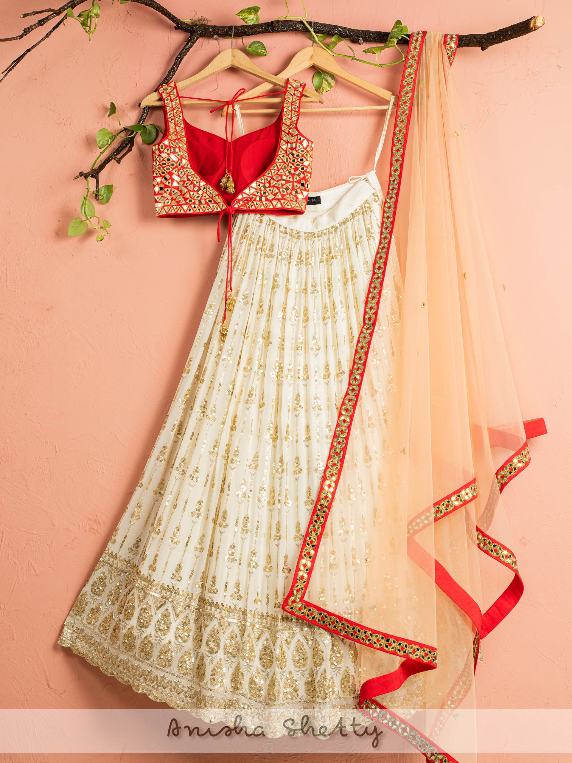 Ivory and Red Mirror Lehenga Set image 1