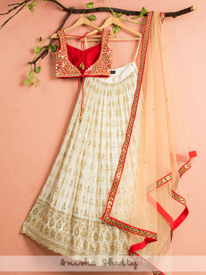 Ivory and Red Mirror Lehenga Set image 1