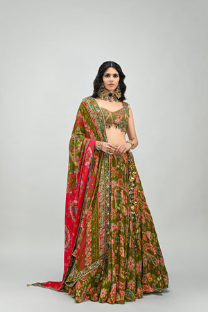Olive Highlighted Lehenga Paired With Badla Embroidered Olive Blouse and  Dual Print Highlighted Dupatta image 4