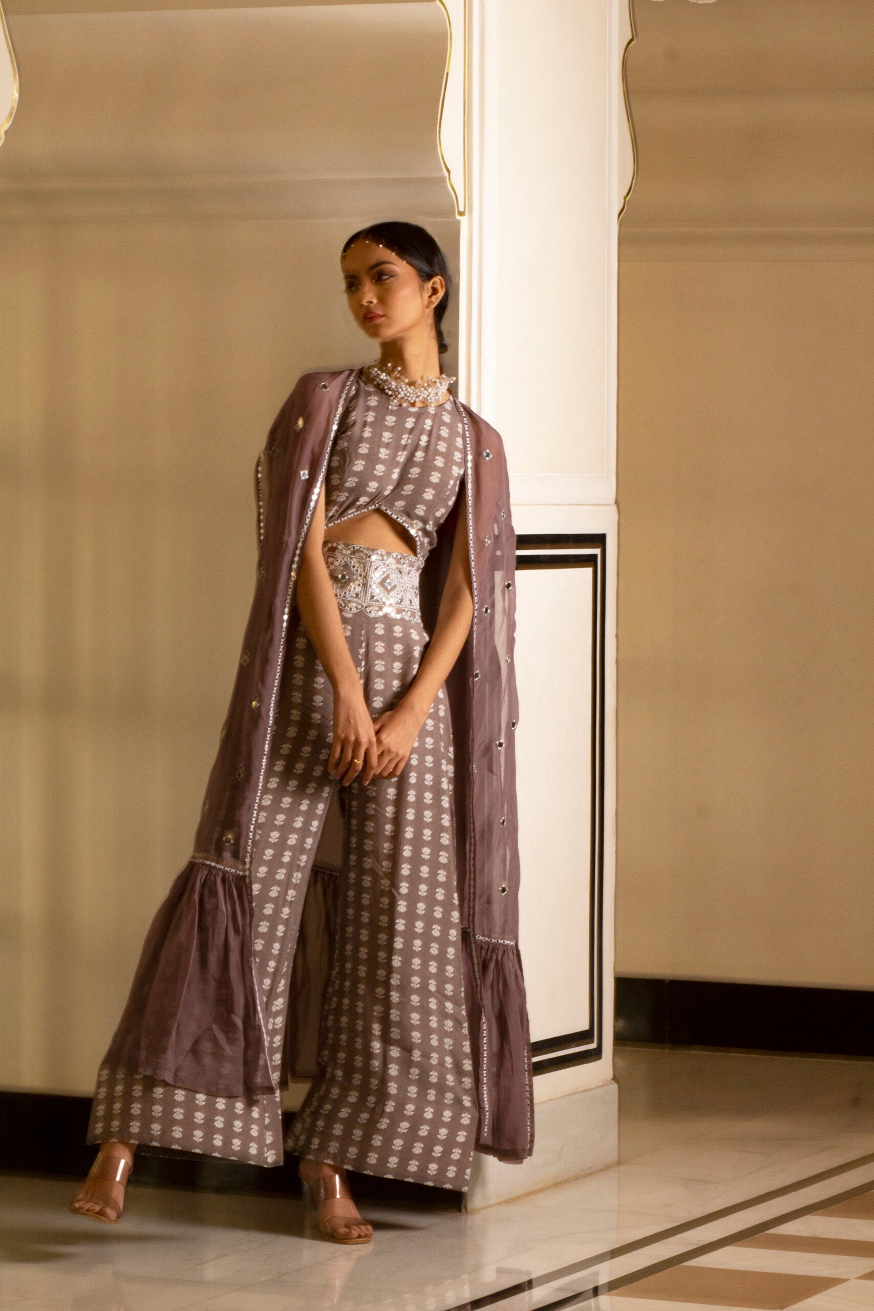 Grey Printed Jumpsuit With Organza Shrug image 0