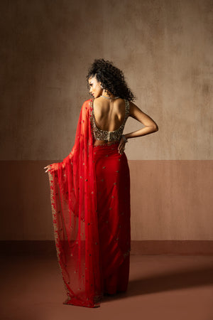 Pre Draped Red Hand Embroidered Net & Georgette Saree With Golden Blouse image 4