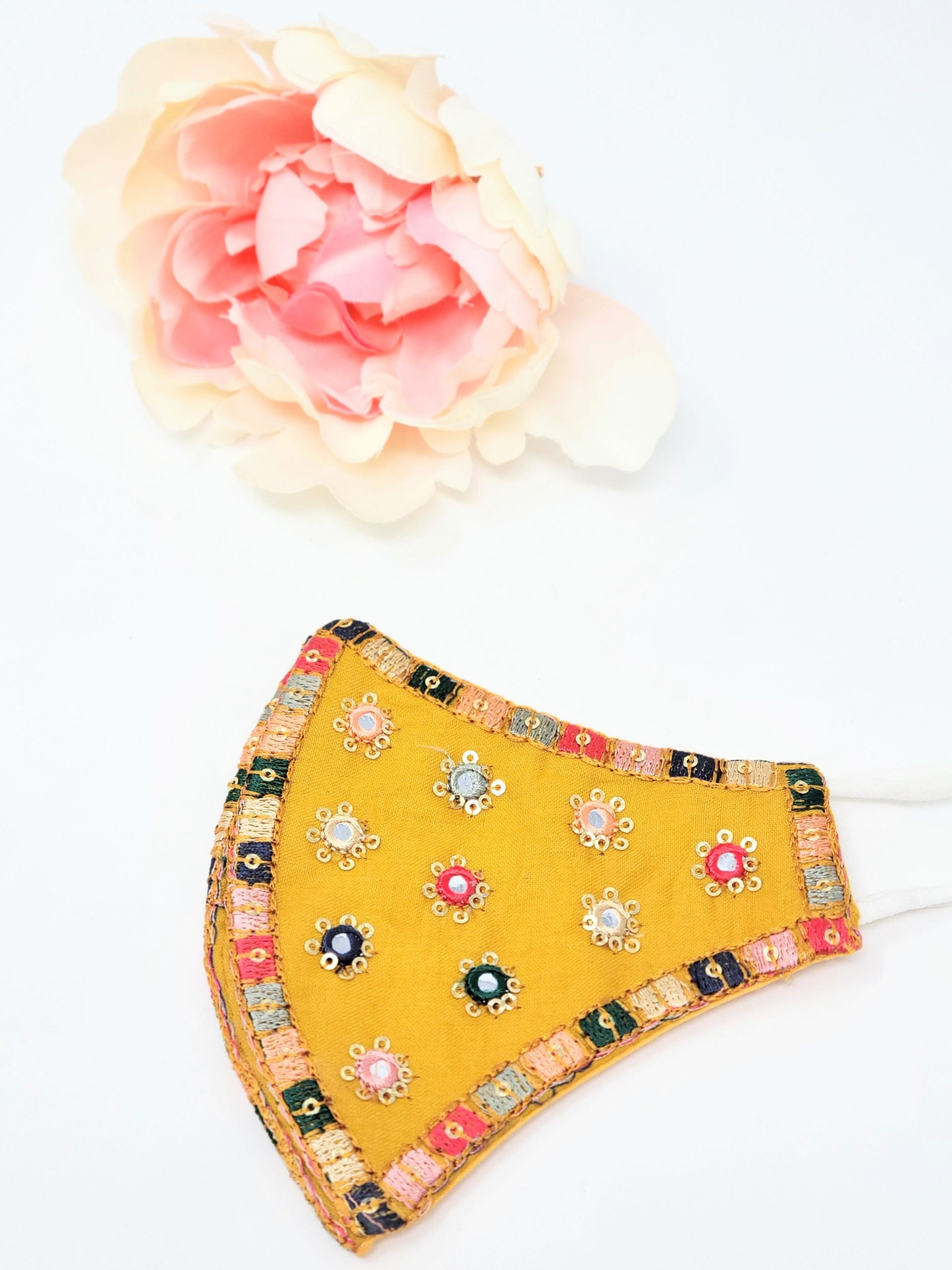 Yellow Mirror Work Embroidered Mask image 0