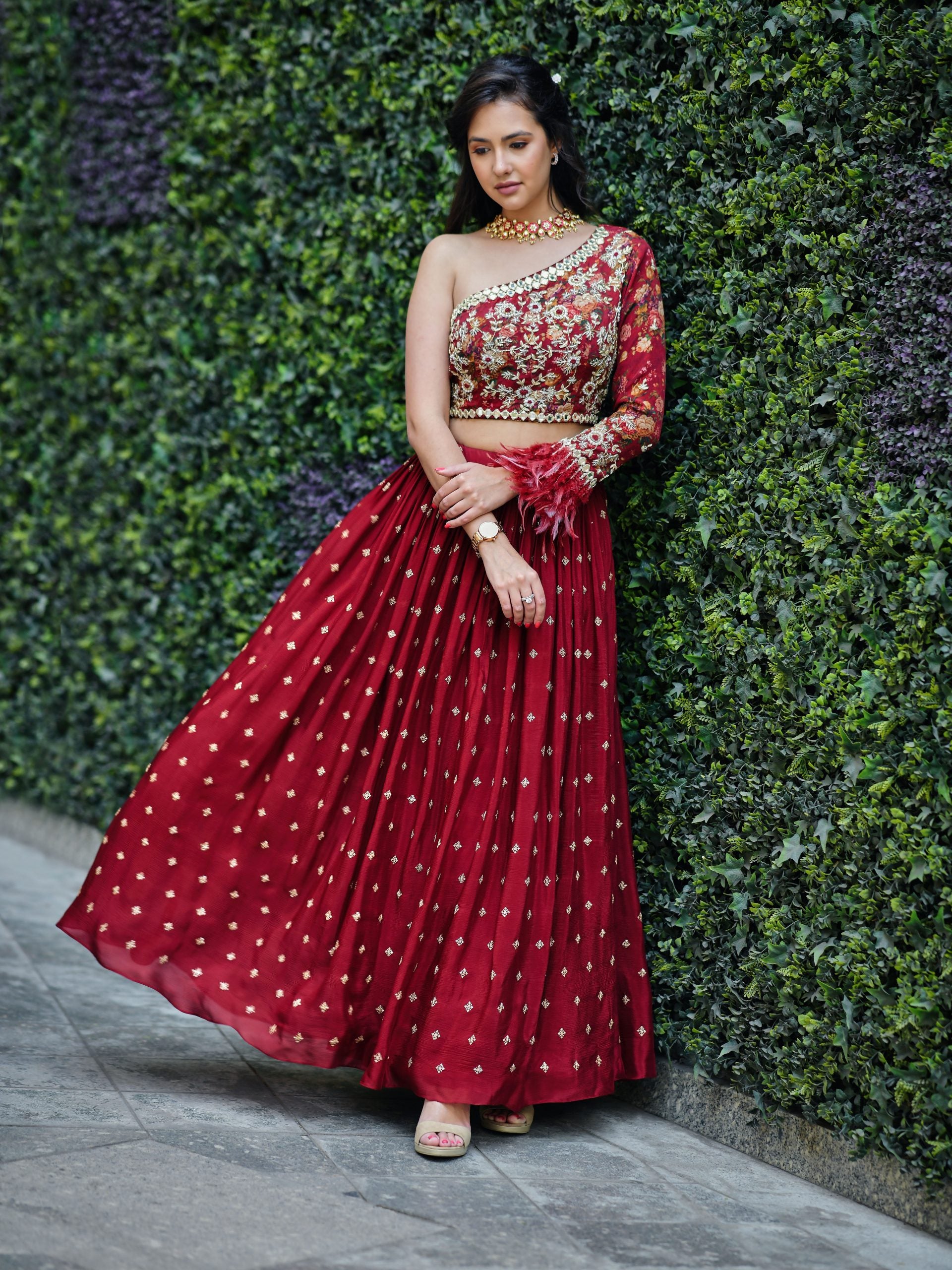 Red Lehenga with One Shoulder Blouse - M image