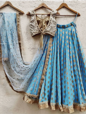 Light Blue Ruffle Lehenga with Mirror Blouse image 1