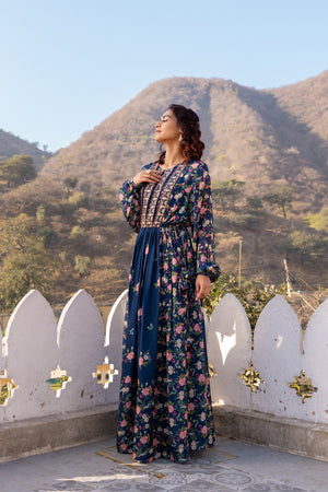 Navy Blue Floral Crepe Georgette Dress image 4