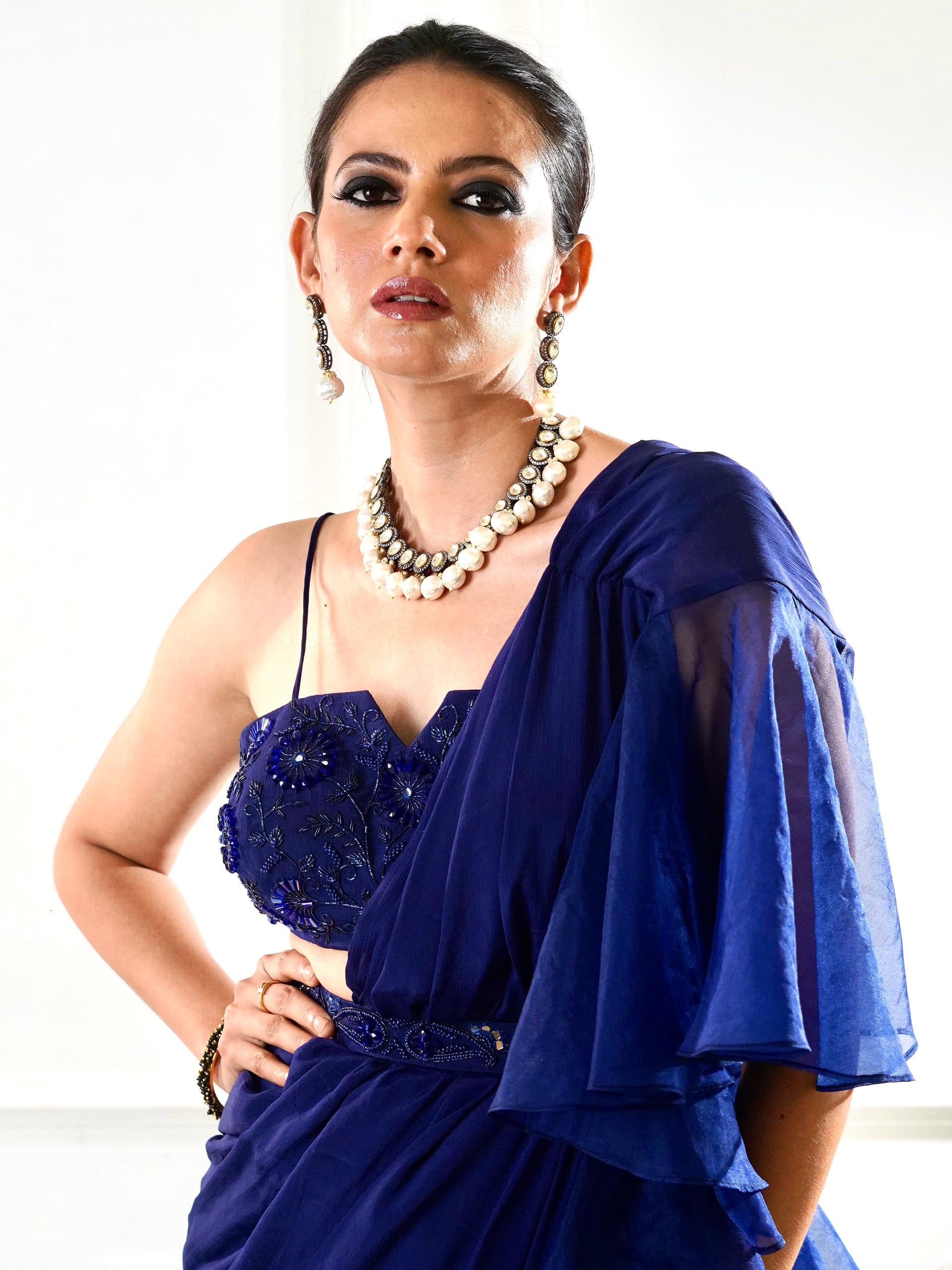 Nikasha Blue Ruffle Saree Set image 5