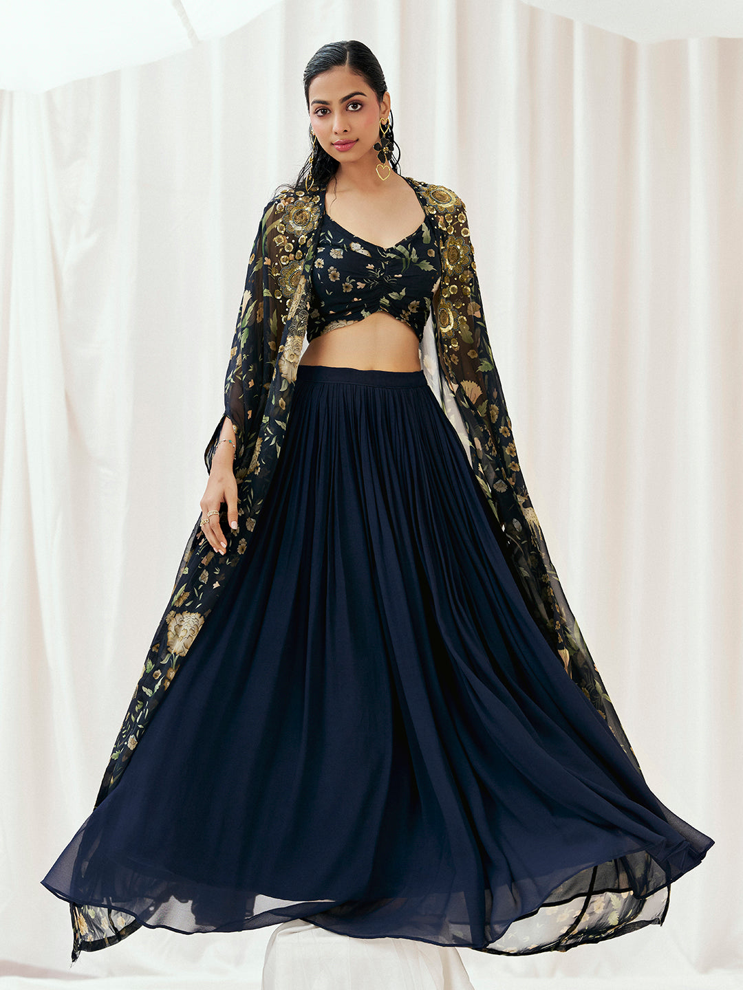 Navy Blue Printed Embroidered Lehenga Set with Cape image 4