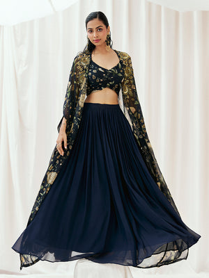 Navy Blue Printed Embroidered Lehenga Set with Cape image 4