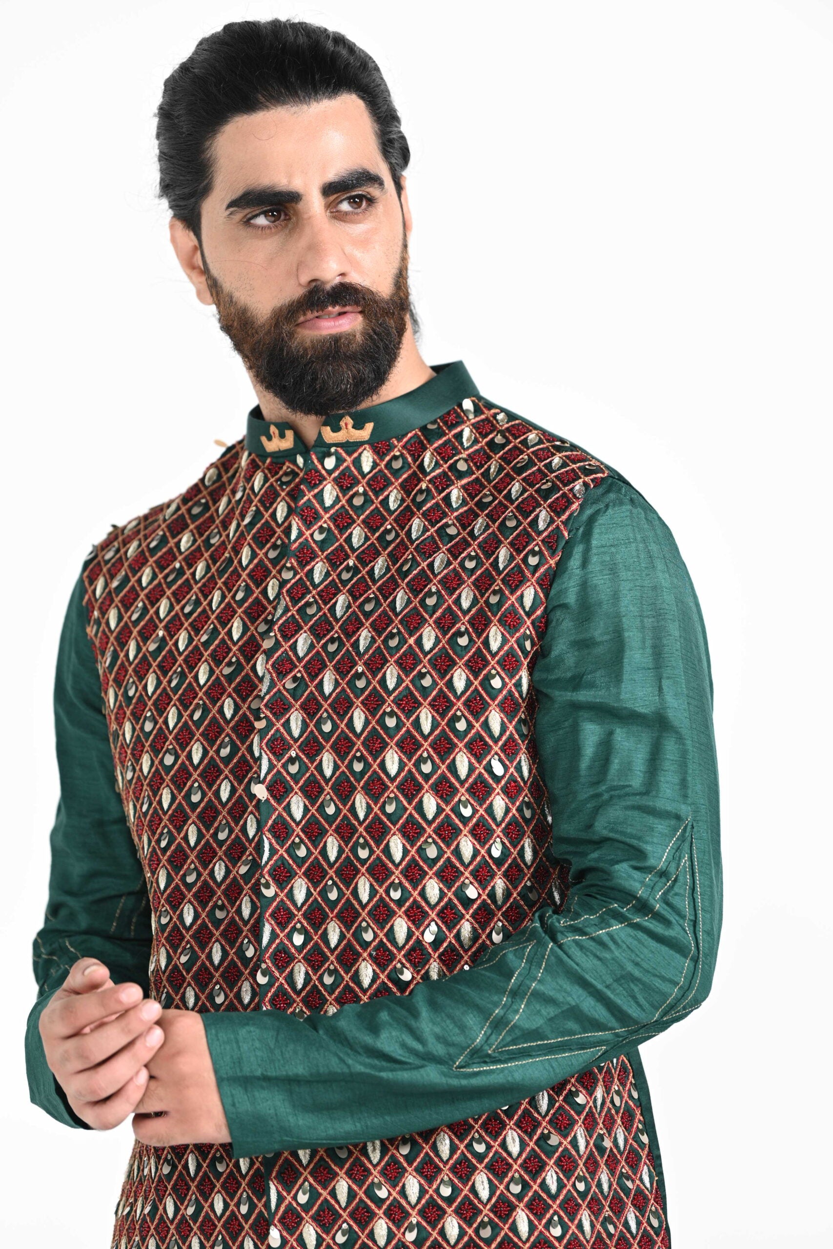 Bottle Green Jhaal Work Nehru with Zari Stitchline Detail Kurta Set image 1