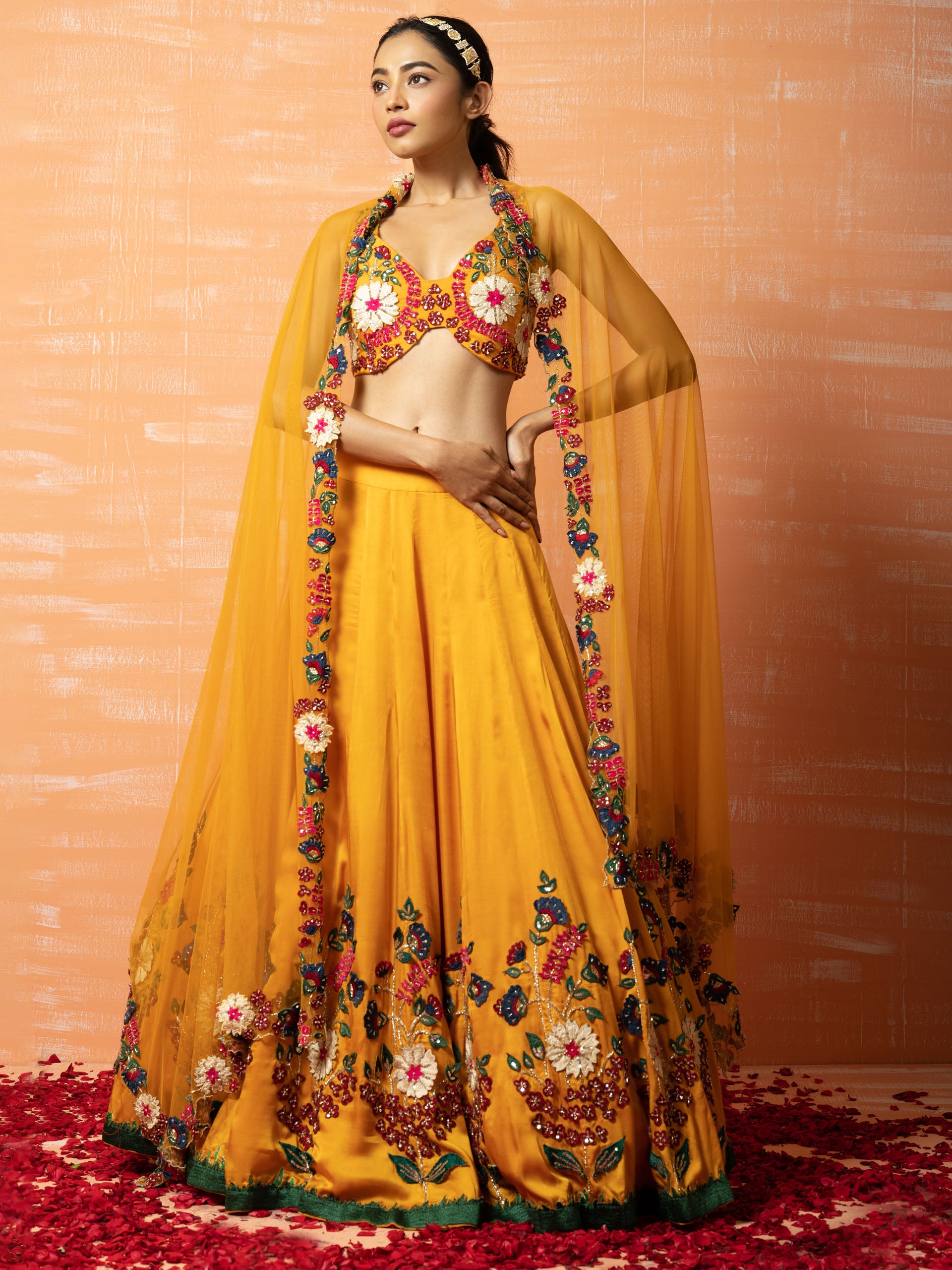 Yellow Floral 3D Lehenga Set - M image