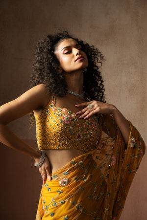 Pre Draped Mustard Yellow  Hand Embroidered Net & Georgette Saree image 2