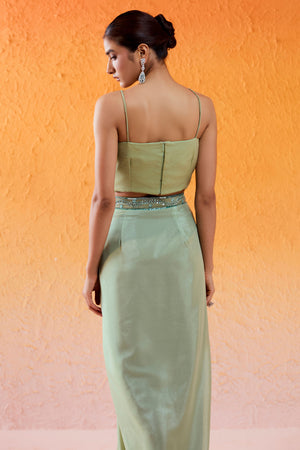 Pista Green Embroidered Drape Skirt Set with Cape image 6