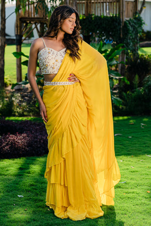 Yellow Embroidered Drape Saree Set with Belt image 1
