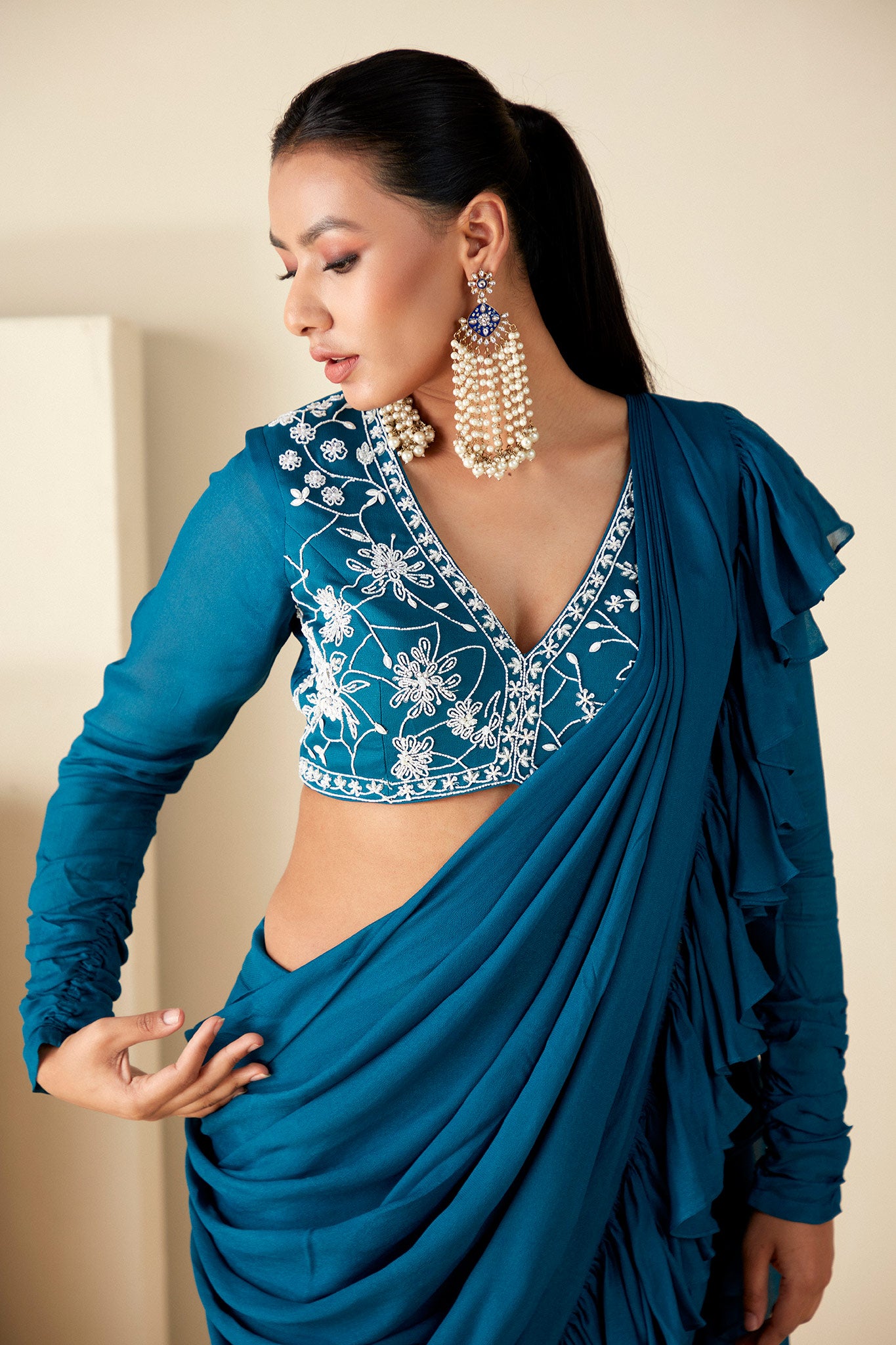 Teal Blue Ruffle Pant Saree image 2