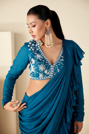 Teal Blue Ruffle Pant Saree image 2