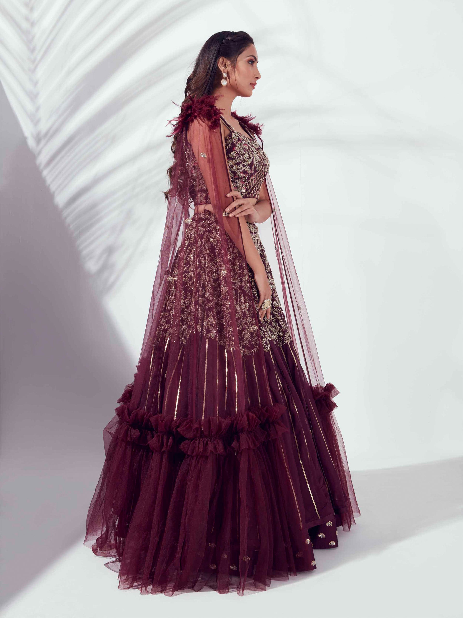 Wine Lehenga Paired With Cape Dupatta image 4