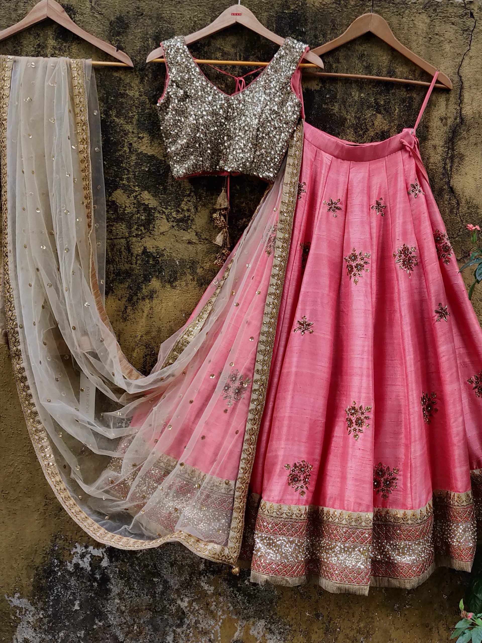 Peach and Gold Raw Silk Lehenga image 0
