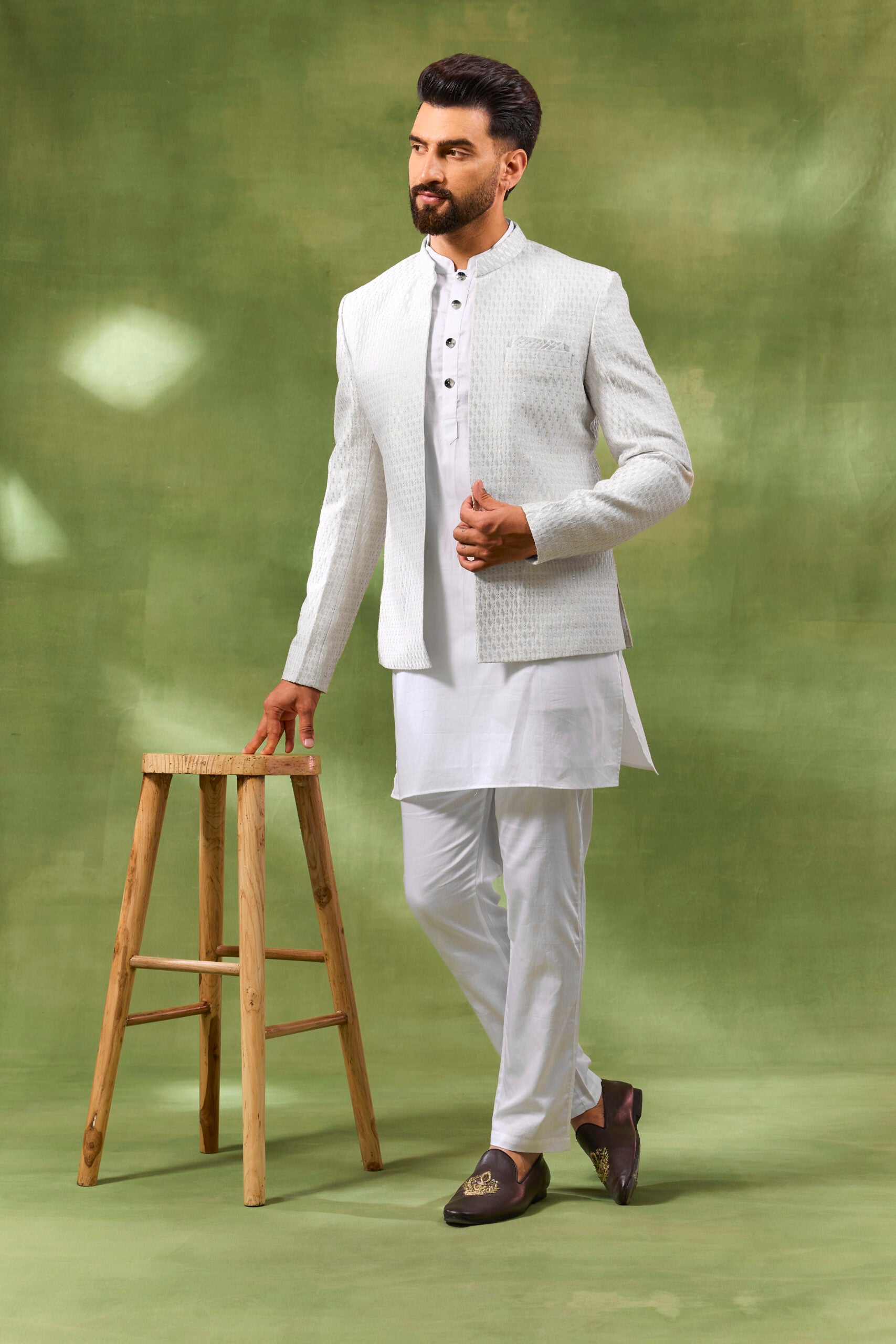 Ivory Embroidered Indo Western Set - S image