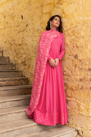 Fuchsia Pink Mirror Details Anarkali Set - L image