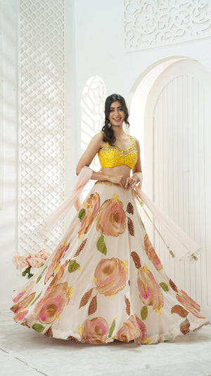 Baby Pink hand painted lehenga and embroidered  Yellow blouse set image 2