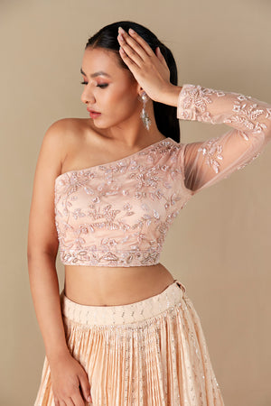 Peach Georgette One Shoulder Lehenga Set image 2
