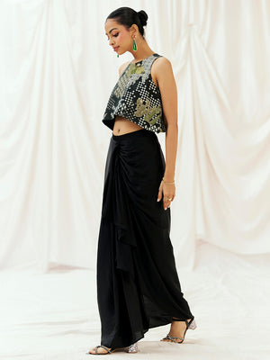 Black Printed Embroidered Drape Skirt Set image 3
