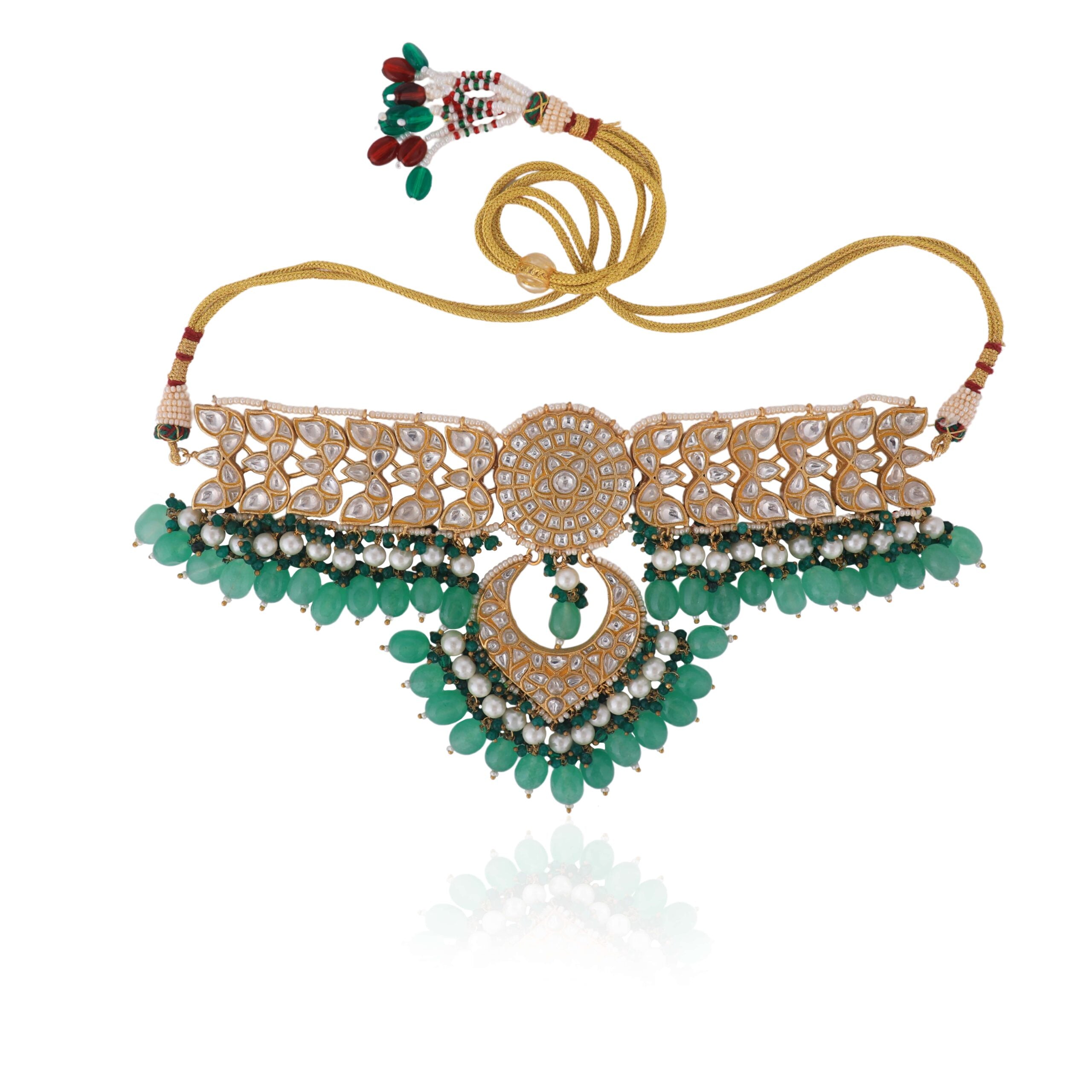 Sea Green Beads with White Jadtar Stone Necklace Set image 2