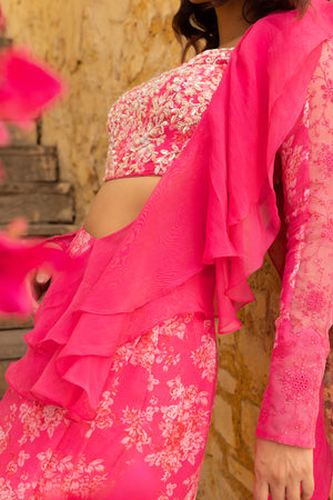 Pink Floral Embroidered Georgette Saree image 7