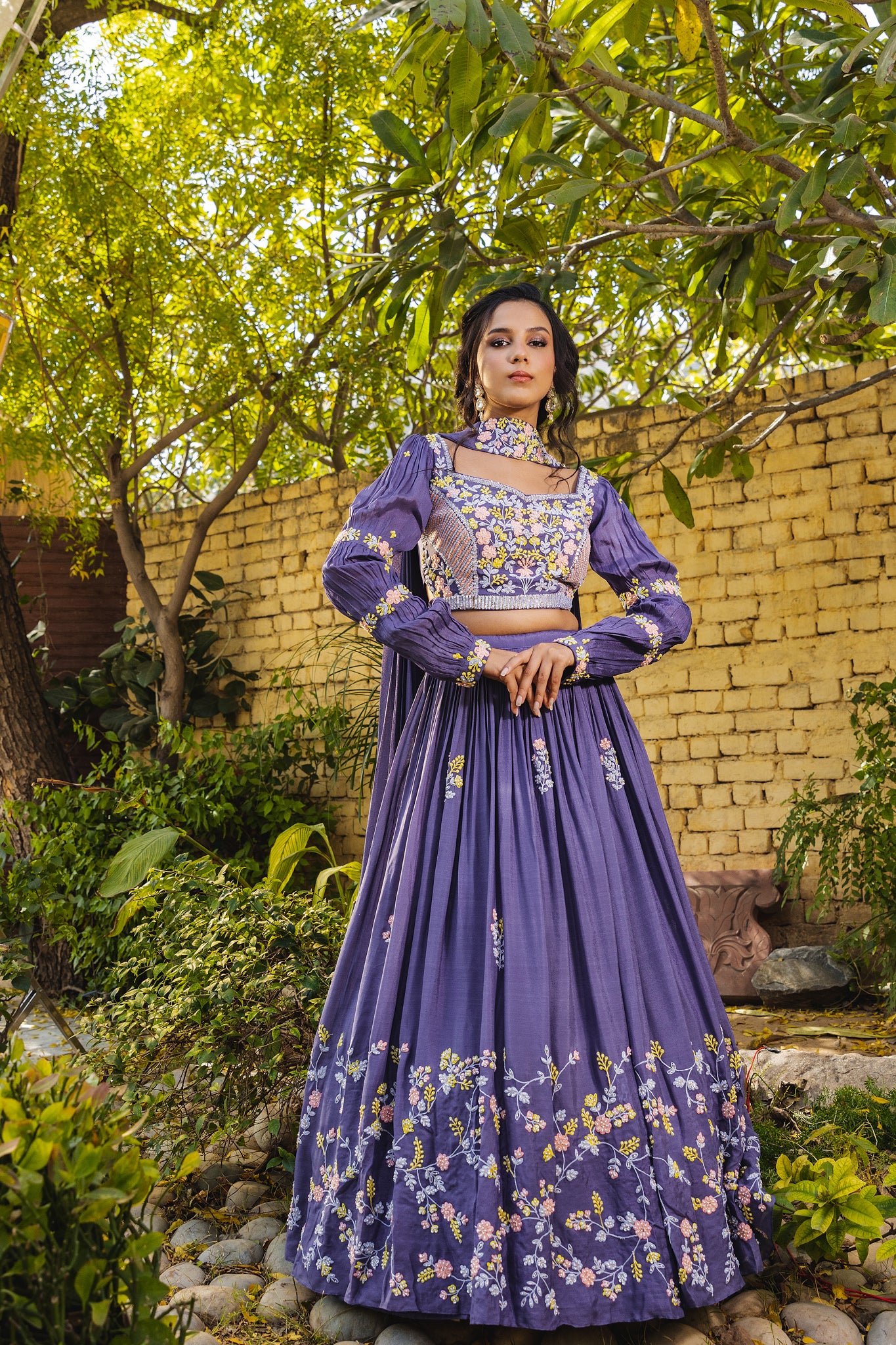 Lavender Crepe Embroidered Lehenga Set - M image