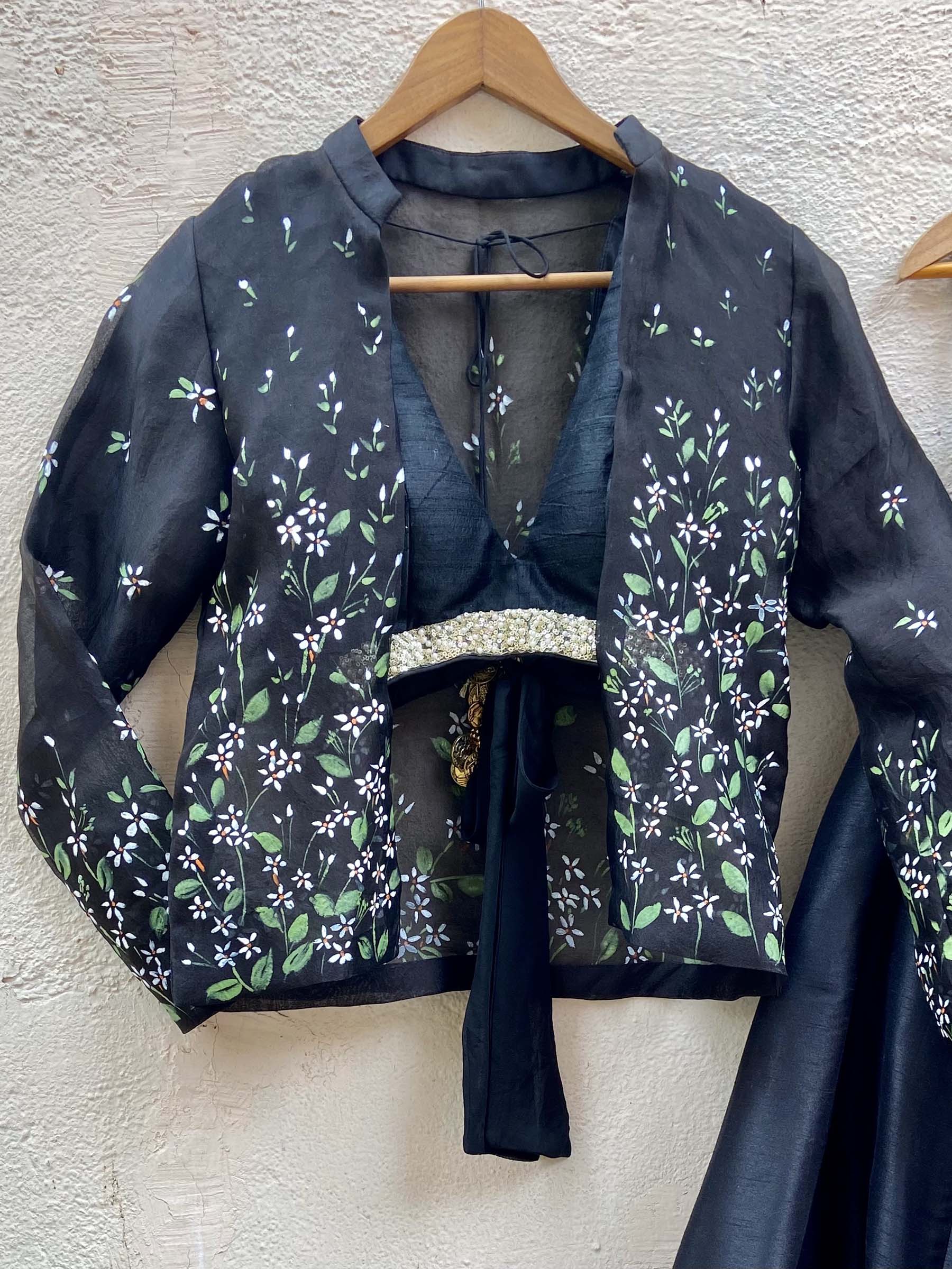 Black Raw Silk Lehenga Set with Handprinted Jacket image 1