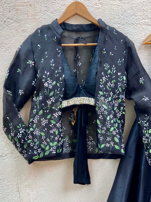 Black Raw Silk Lehenga Set with Handprinted Jacket image 1