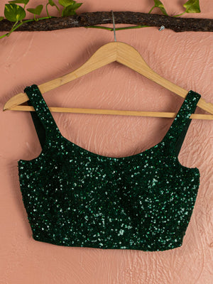 Dark Green Silk Sequin Lehenga Set image 3