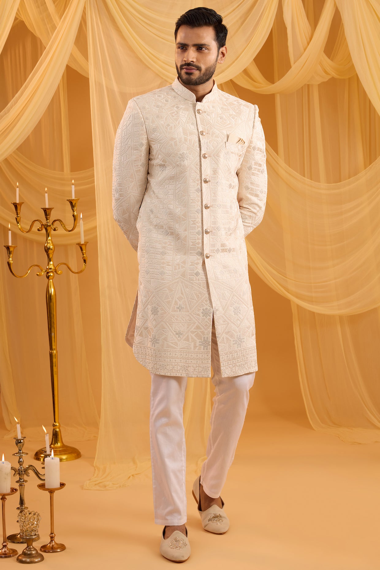 Cream Lucknowi Embroidered Sherwani Set - XL image