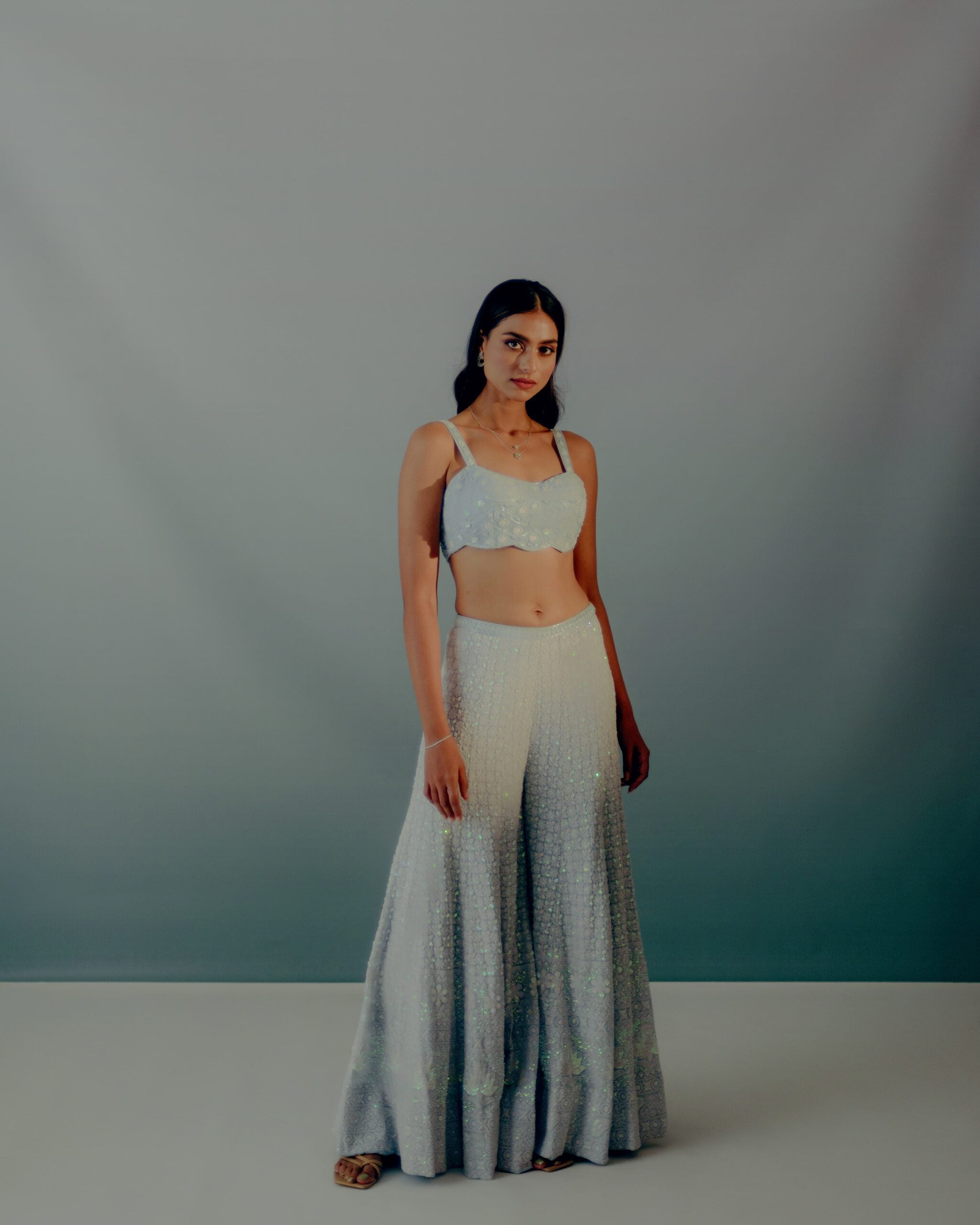 Baby Blue Lucknowi Sequin Saree Set image 2